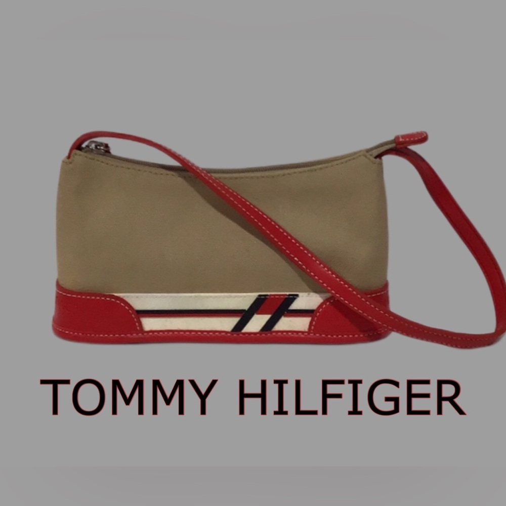 TOMMY HILFIGER Small Canvas Baguette Bag w/Red/White/Black Faux Leather Accents